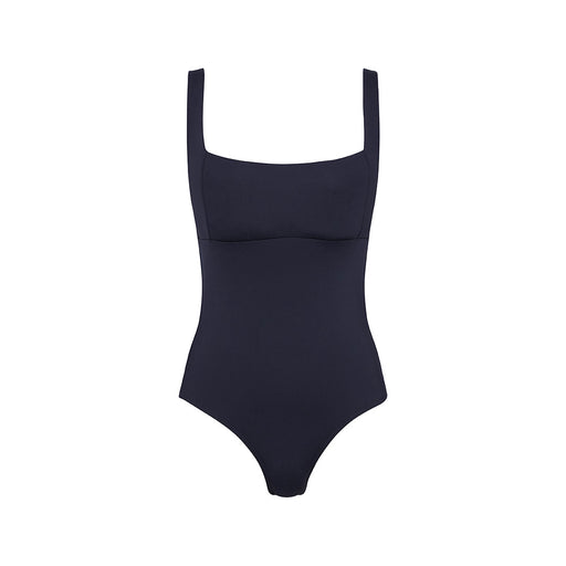 Navy and White Striped Thong One Piece Swimsuit with Lace Up Back
