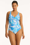 Daisyfield Cross Front One Piece - Daisyfield Blue - Sea Level Australia 