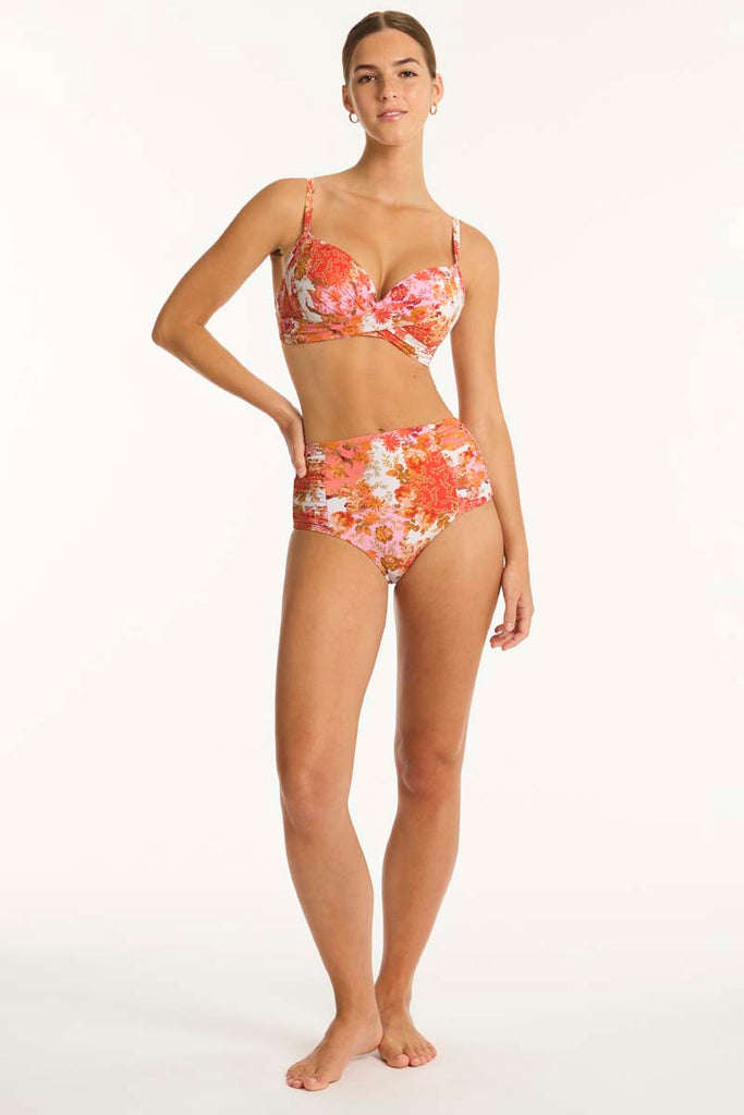 Daisyfield Cross Front Moulded Cup Bra - Daisyfield Coral - Sea Level Australia 