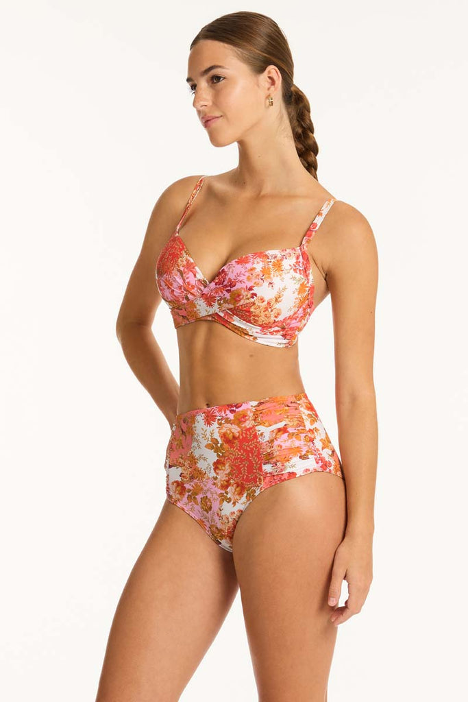Daisyfield Cross Front Moulded Cup Bra - Daisyfield Coral - Sea Level Australia 