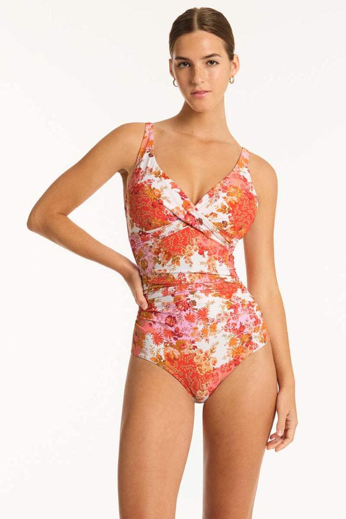 Daisyfield Cross Front One Piece - Daisyfield Coral - Sea Level Australia 