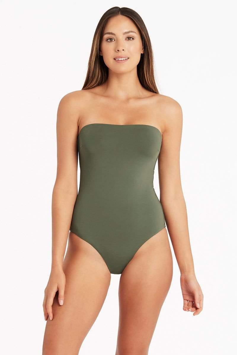 Eco Essentials High Leg Bandeau One Piece - Eco Essentials Khaki - Sea Level Australia 