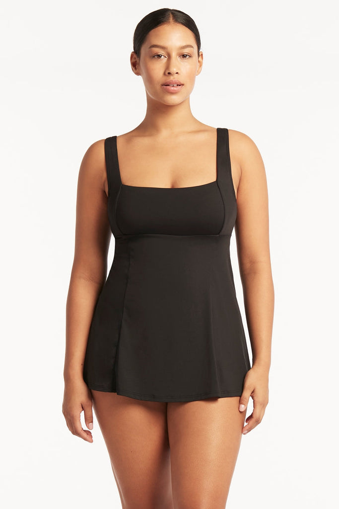Eco Essentials Square Neck Tummy Control Swim Dress – Black – Sea Level US