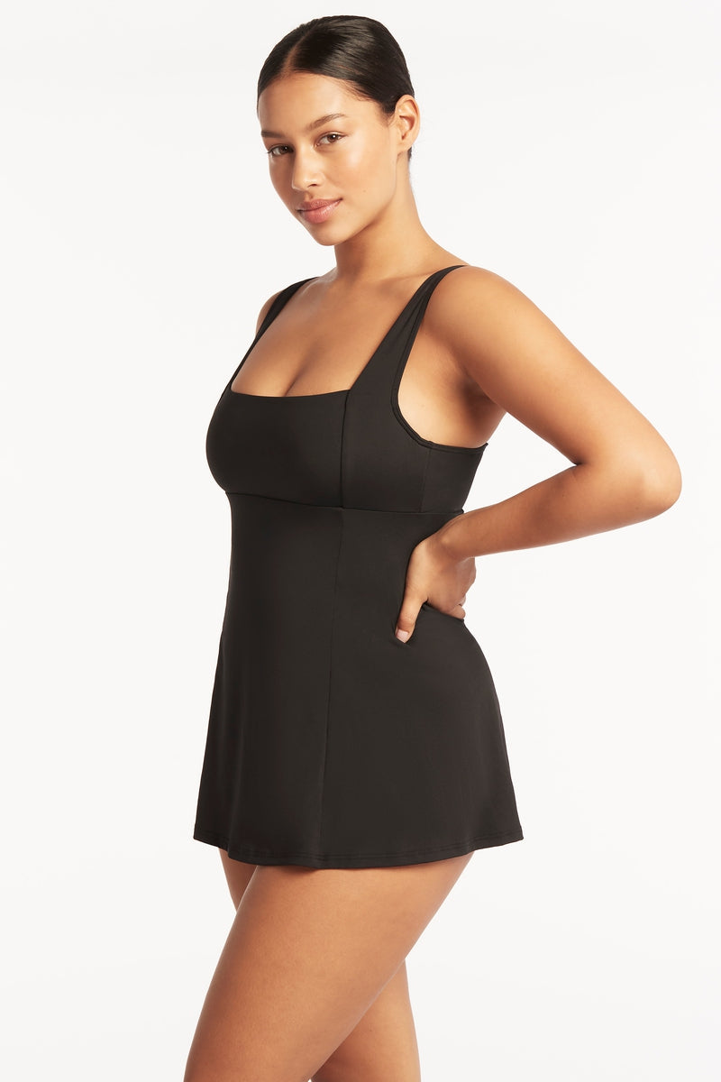 Sea Level Eco Essentials Square Neck Tummy Control Swim Dress, Black / US14