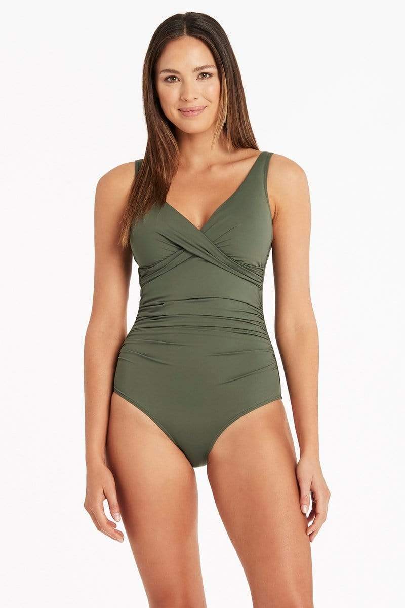 Eco Essentials Cross Front One Piece - Eco Essentials Khaki - Sea Level Australia 